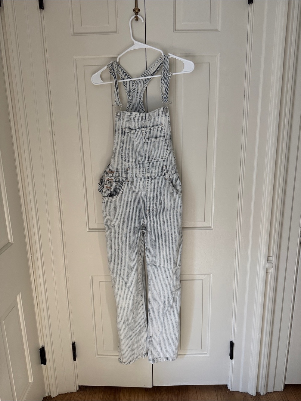 We The Free Striped Gray and White Denim Overalls